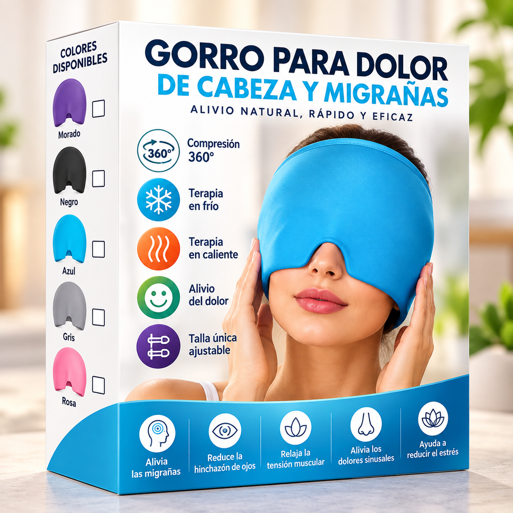 Gorro para dolor de cabeza y migrañas con su caja, colores disponibles