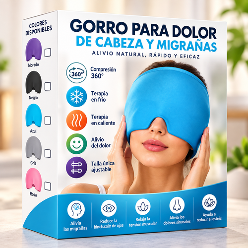 Gorro para dolor de cabeza y migrañas con su caja, colores disponibles